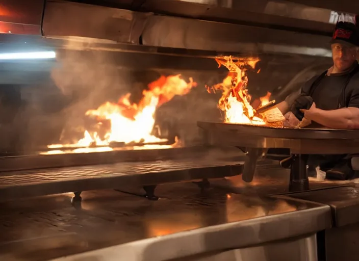 Image similar to film still of a dinosaur working in a pizza parlor making pizza in the new Avengers movie, 4k