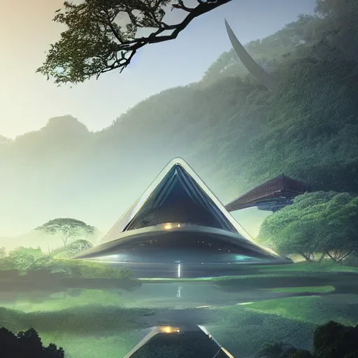 Prompt: futuristic temple between hills with big trees, monks walking, shooting stars, dramatic lighting, artstation, matte painting, raphael lacoste, simon stalenhag, frank lloyd wright, zaha hadid