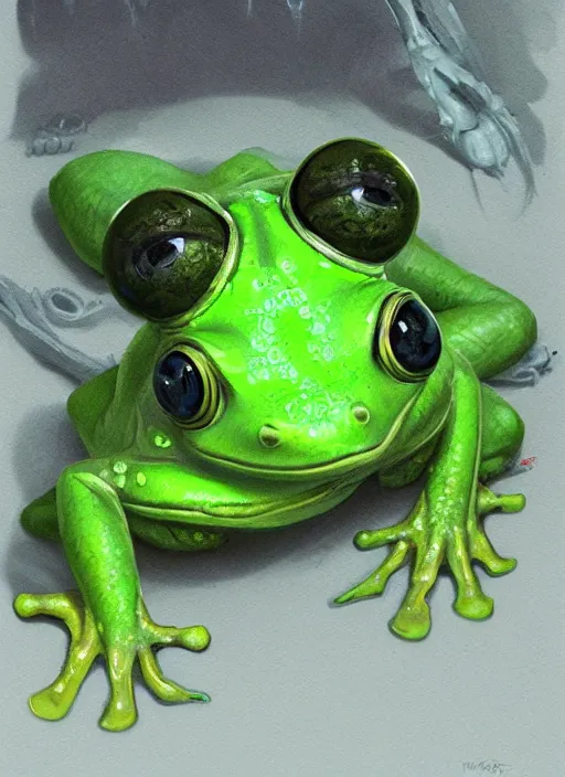 Image similar to portrait of my ethereal waifu cute innocent green slimy alien female froggy lady,, with adorable uwu eyes painted by greg rutkowski, wlop, 7 0 s scifi