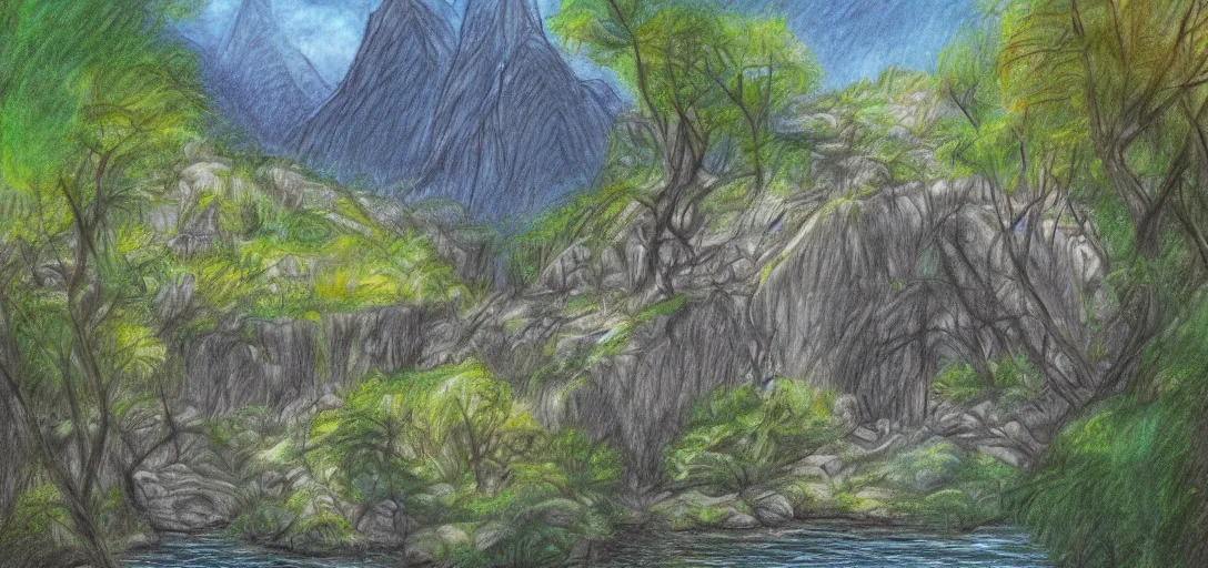 Prompt: Rivendell landscape drawn in crayon, digital painting