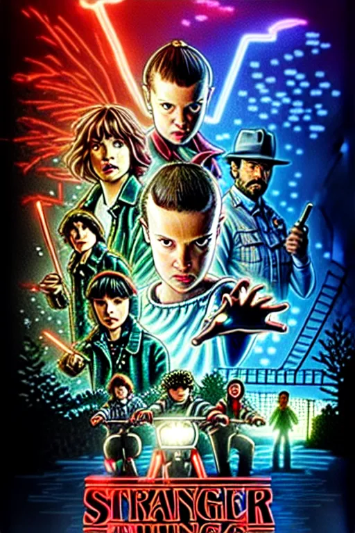 Image similar to Stranger Things Season 5 alternate poster, high resolution, hyper detailed, intricate, photorealistic, all cast members, netfilx !n-9