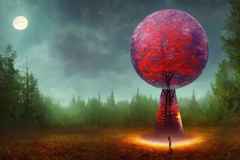 Image similar to giant perfume bottle in dark leaves and enchanted forest surreal photography, dark night, stars, moon light, impressionist painting, clouds, hyper - realistic, simon stalenhag
