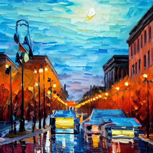 Prompt: palette knife oil painting of downtown portland at dusk