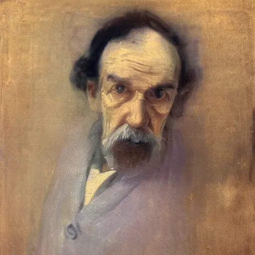 Image similar to detailing character concept portrait of old man by James McNeill Whistler, on simple background, oil painting, middle close up composition