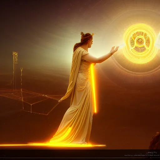 Prompt: the ethereal goddess of technology bestows the gift of circuits to humanity. matte painting. fantastic. velvet and gold. high key studio lighting. fractal dreams. ancient greece, trending on artstation, cgsociety, ps 5, uhd 8 k cryengine