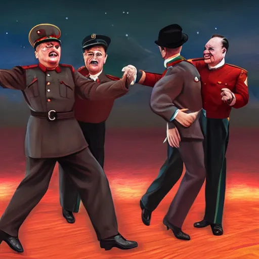 Image similar to Stalin, Churchill and Franklin Roosevelt dancing with the stars, colorized, fantasy painting,hyperrealistic, highly detailed, depth of field, High definition, 8k, octane render, artstation