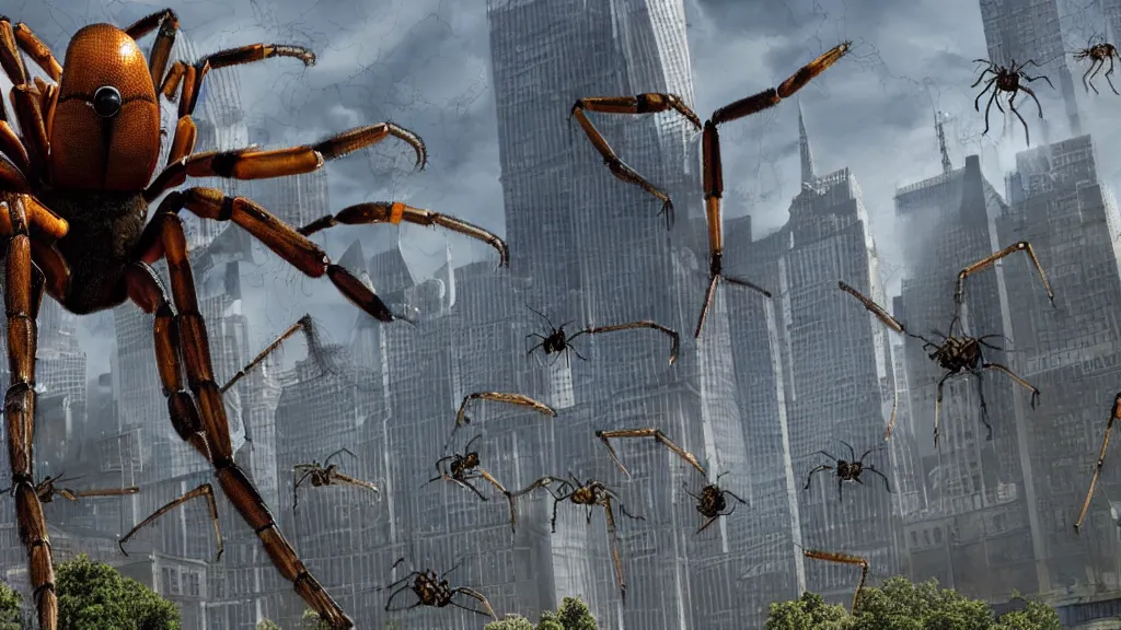 Image similar to giant arachnids attacking the city, realistic, arachnophobia