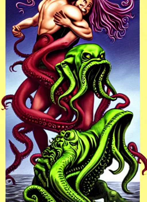 Image similar to mills and boon romance novel cover with cthulhu and fabio, they are in love