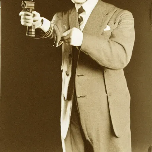 Image similar to Photograph of a man with a stern look dressed in a 1920s attire. He is pointing a gun and seems mentally unstable. 4K, dramatic lighting