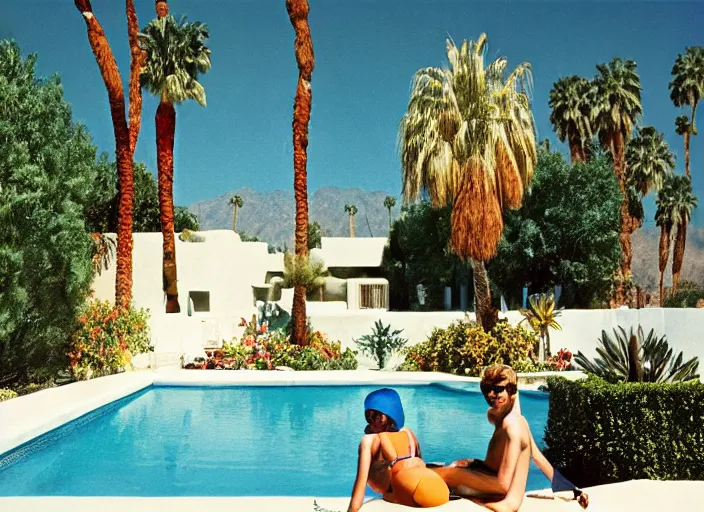 Prompt: a detailed photograph of 1 9 7 0 s palm springs backyard pool by slim aarons, poolside glamour, photoreal, getty images, 4 k