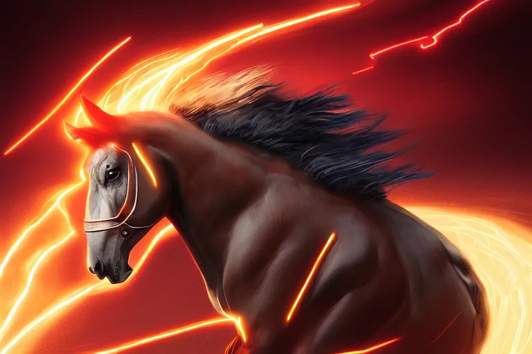 Image similar to a stunning digital painting of a horse as the flash in costume running in the speedforce by greg rutkowski, volumetric light, digital art, fine detail, photorealistic