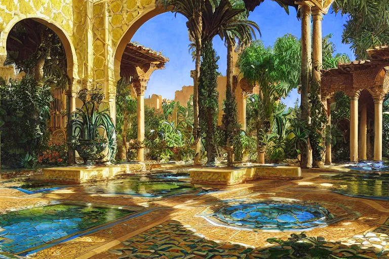 Image similar to painting of a beautiful moorish palace courtyard garden, by donato giancola and maxfield parrish and evelyn de morgan and rudolf ernst, patterned tilework, palm trees, tiled fountains, extremely detailed, cinematic lighting, smooth sharp focus