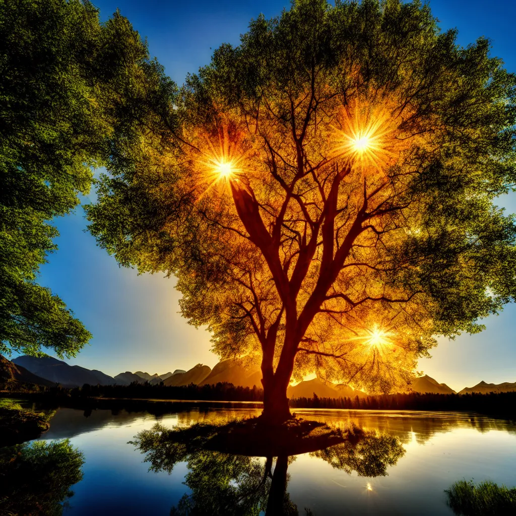 Image similar to big realistic tree near to a river on sunset with reflection on the leaves and mountains in the background, landscape, extremely high fidelity, 8 k, super resolution, cinematic view, super resolution, light rays, lens flare, epic, hyperdetailed