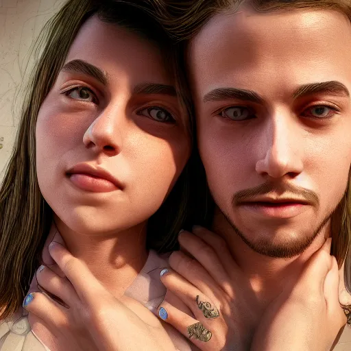 Image similar to perfectly centered symmetrical split male and female portrait of man and woman in love sharing one heart ; 3 d render by lilia alvarado, photorealistic, highly detailed ; octane ; unreal engine ; trending on artstation
