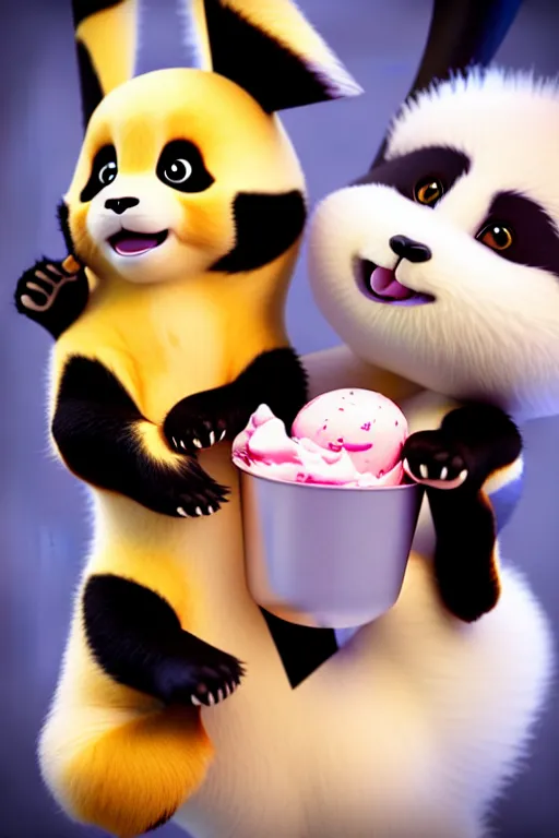 Image similar to high quality 3 d render hyperrealist very cute lowbrow happy panda & cat hybrid eating ice cream, vray smooth, in the style of detective pikachu, very dramatic light, low angle, uhd 8 k, shallow depth or field