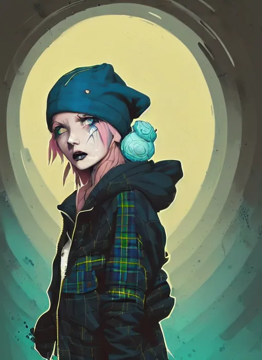 Image similar to highly detailed portrait of a sewer punk lady student, blue eyes, tartan hoody, hat, white hair by atey ghailan, by greg rutkowski, by greg tocchini, by james gilleard, by joe fenton, by kaethe butcher, gradient yellow, black, brown and cyan color scheme, grunge aesthetic!!! ( ( graffiti tag wall background ) )