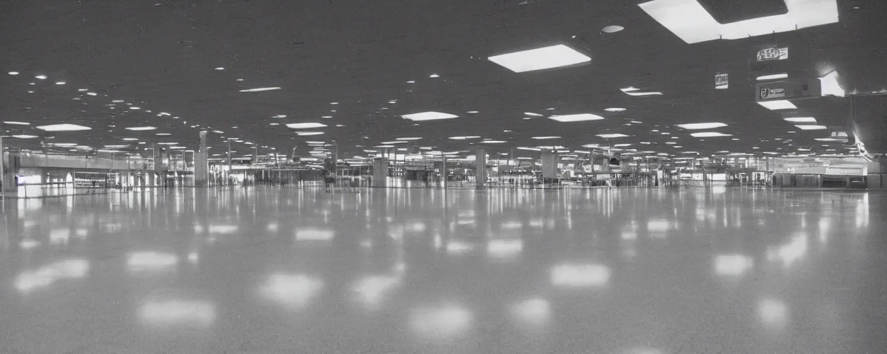 Image similar to the inside of an empty airport, late at night, eerie, 1 9 8 0 s