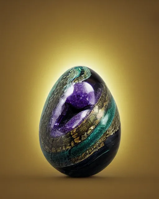 Image similar to a photo of a sculpture of a snake from blue and emerald and amethyst crystal geode formations encircling a marble egg on a base of obsidian made with liquid gold tendrils by ellen jewett by stanisław szukalski, octane render, recursive, tendrils, elestial crystals, geode, refracted light