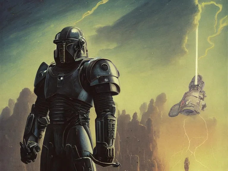 Image similar to a detailed profile painting of a bounty hunter in armour and visor, cinematic sci-fi poster. Spaceship high in the background. Flight suit, spartan armour faceplate anatomy portrait symmetrical and science fiction theme with lightning, aurora lighting clouds and stars. Clean and minimal design by beksinski carl spitzweg giger and tuomas korpi. baroque elements. baroque element. intricate artwork by caravaggio. Oil painting. Trending on artstation. 8k