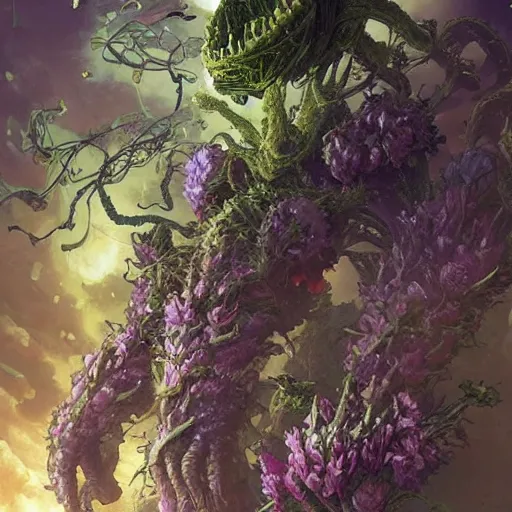 Image similar to an alien giant. A plant like alien made up of flowers, vines, and leaves. By Geoffroy Thoorens. Katsuhiro Otomo. Karlkka