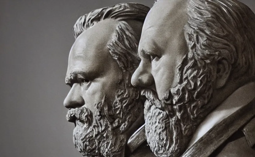 Prompt: 50s movie still close-up portrait of an elder soviet generals in a empty stalinist hall with a bust of Marx, by David Bailey, Cinestill 800t 50mm eastmancolor, heavy grainy picture, very detailed, high quality, 4k, HD criterion, precise texture and facial expression