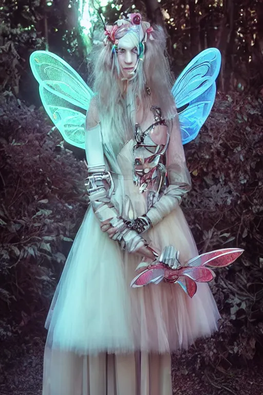 Prompt: scifi ethereal forestfolk cybernetic fairy valentino fashion, cinematic