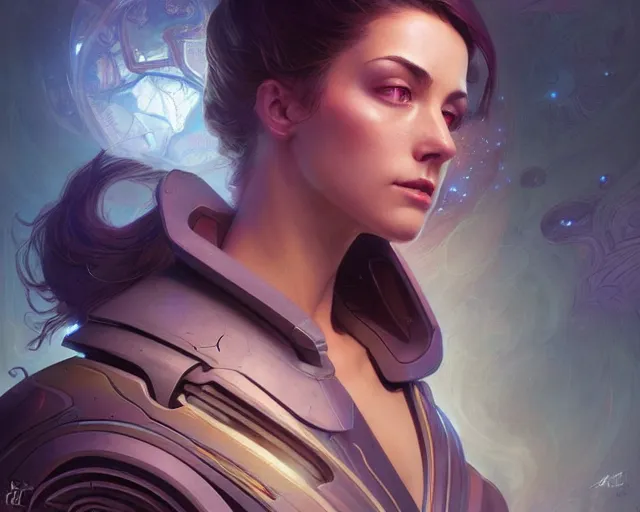 Image similar to scifi woman, deep focus, fantasy, intricate, elegant, highly detailed, digital painting, artstation, concept art, matte, sharp focus, illustration, some reflexions, hearthstone, photorealism, soft volumetric lights, art by moebius and artgerm and greg rutkowski and alphonse mucha