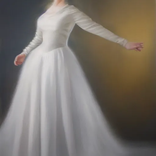 Prompt: hyperreal painting of a young woman in a white dress, she is floating in the air, intense lighting from behind, a crown is on her head