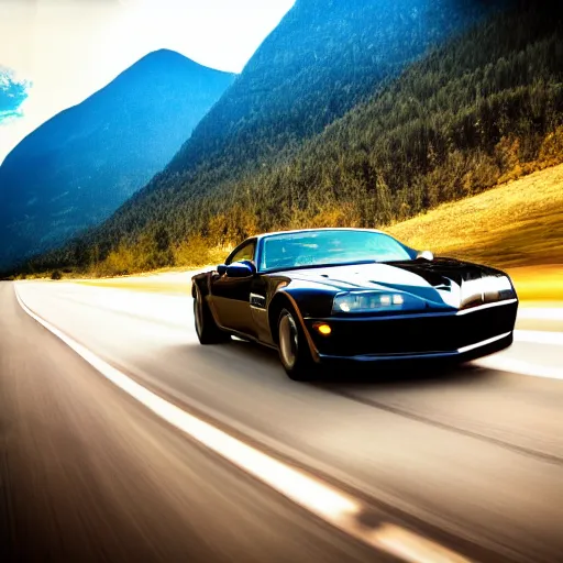 Image similar to black trans - am driving towards the camera, mountain, valley, breathtaking mountains, lake, dynamic, sunrise, cinematic, motionblur, sunbeams, volumetric lighting, wide shot, low angle, large lightning storm