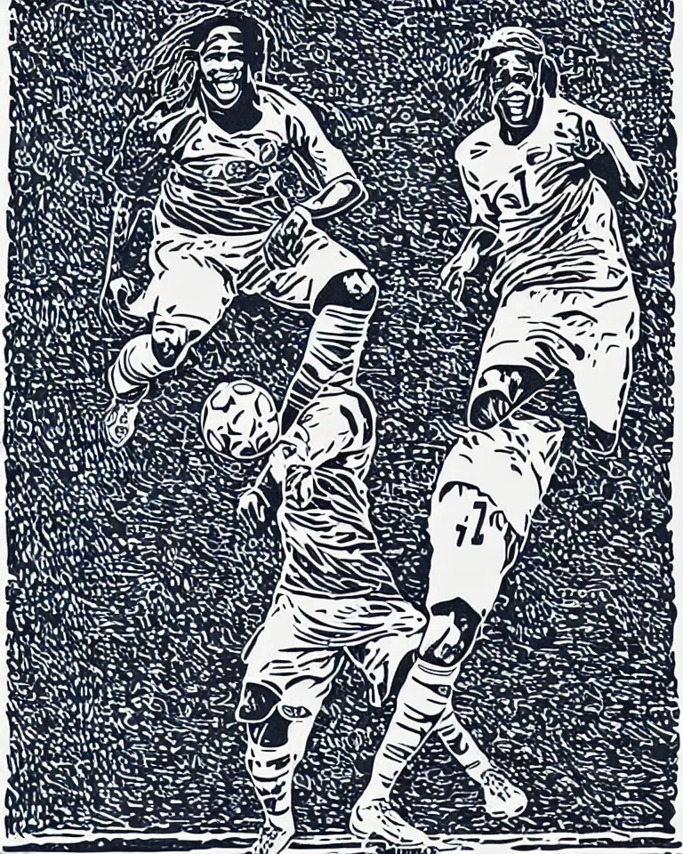 Image similar to a detailed lifelike linocut engraving of ronaldinho gaucho