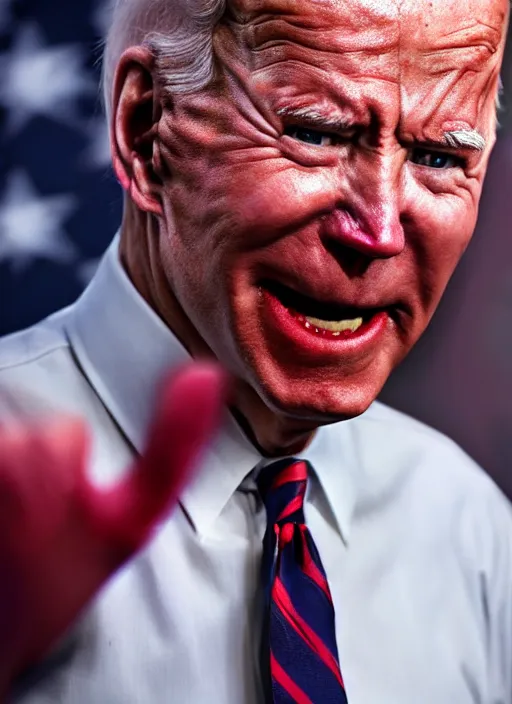 Image similar to hyper realistic ultra realistic horror terror dimensional photo furious glowing red eyes biden, high quality photo, detailed , 8k