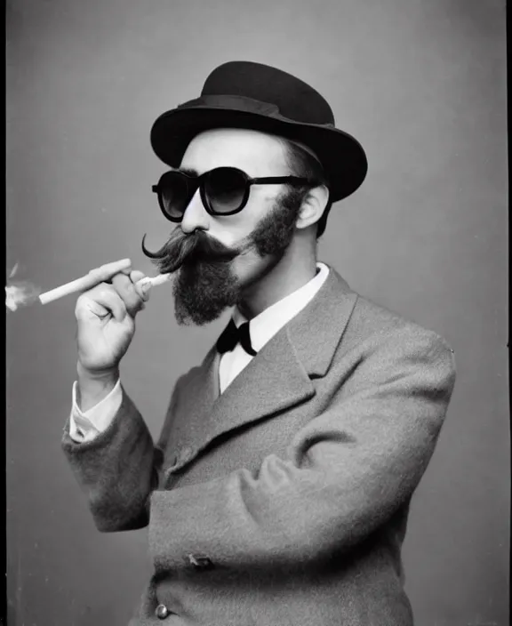 Prompt: a vintage photo medium shot of a man with a bushy mustache smoking a cigarette wearing a bowler and sunglasses. very coherent.