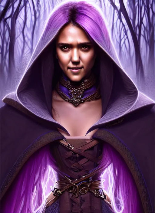 Prompt: portrait jessica alba, adventurer outfit large cloak, fantasy forest landscape, dragon scales, fantasy magic, undercut hairstyle, short purple black fade hair, dark light night, intricate, elegant, sharp focus, illustration, highly detailed, digital painting, concept art, matte, art by wlop and artgerm and greg rutkowski and alphonse mucha, masterpiece