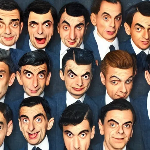 Prompt: mr. bean in a boy band and everyone is mr. bean hyperrealism photo - realistic by norman rockwell and 8 k