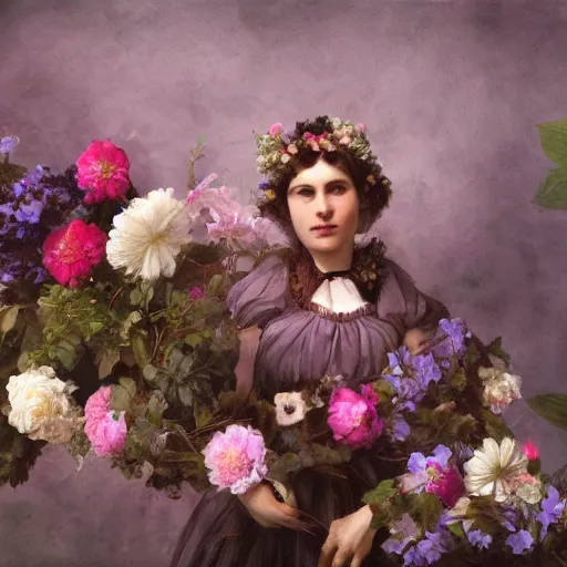 Prompt: flowers full human body, highly detailed photo in the style of Franz Xaver Winterhalter and Aetherpunk