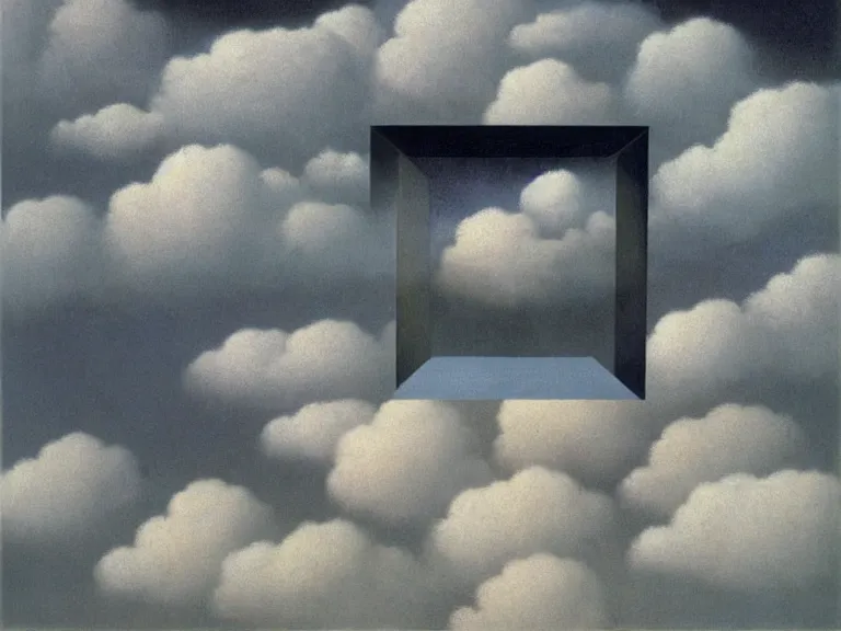 Image similar to hypercube in front of a cloudy sky and black floor painting by rene magritte, high detail, high resolution