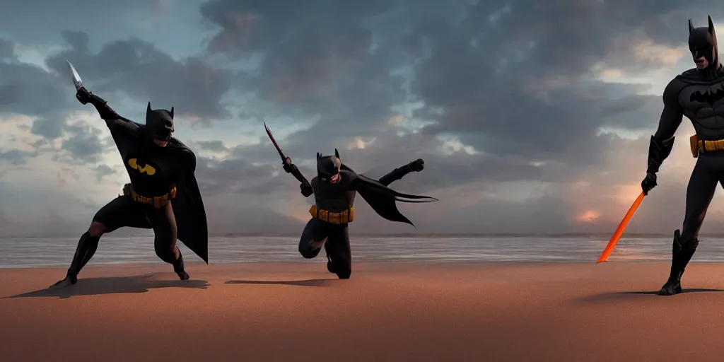 Prompt: batman performing kalaripayattu holding a sword on a beach, cinematic, color graded, volumetric lighting, octane render, ultra realistic