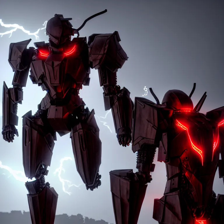 Prompt: hyper detailed 8 k cg cinematic still, rendering with volumetric lightning and ray tracing, crimson skinny full body armored core, weathering armor plating, endoekeleton exposure
