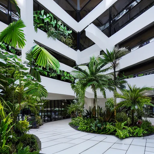 Prompt: The atrium of a contemporary building filled with tropical plants, 4k