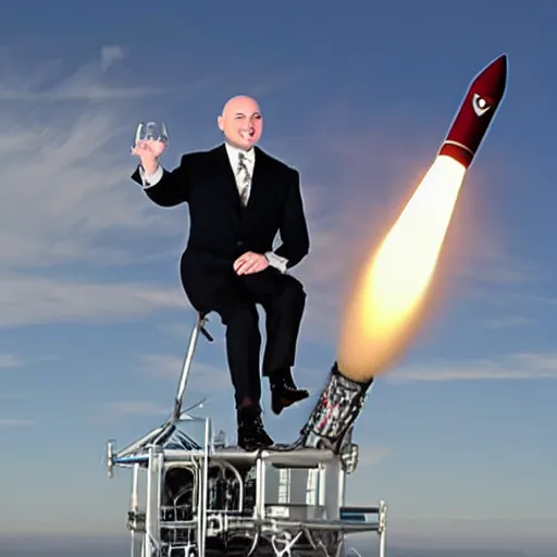 Image similar to A bald Tory Bruno in a suit, riding atop a rocket engine