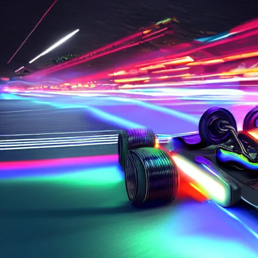 Image similar to go - kart racer taking a corner at speed on a race track, motion blur, laser, smoke, debris, fast movement, artistic angle, light streaks, dark mood, night time, octane render, intricate detail, teal and orange colour palette