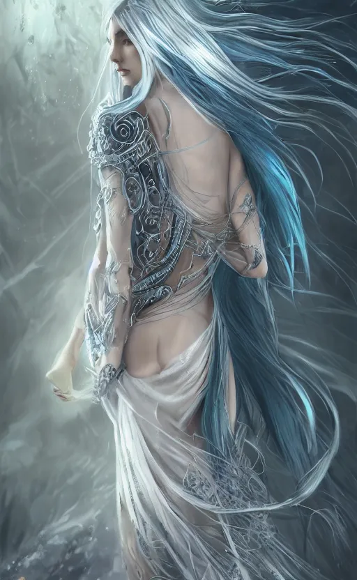 Image similar to an elven woman with long, silver hair cascading down her back. she has delicate, angular features and piercing blue eyes. she's clad in a flowing white dress with intricate silver embroidery, dynamic lighting, photorealistic fantasy concept art, trending on art station, stunning visuals, creative cinematic, ultra detailed