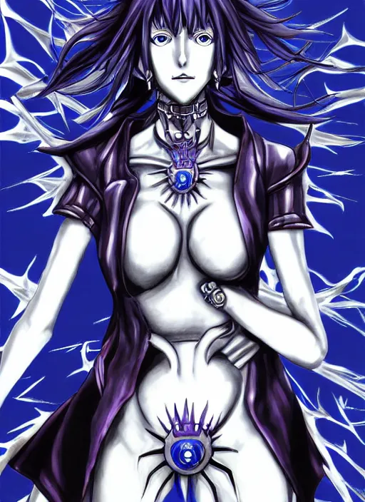 Image similar to shin megami tensei art of a demon called margaret thatcher, art by kazuma kaneko, demonic! compedium!, digital drawing, law - alligned, white background, high quality, highly detailed