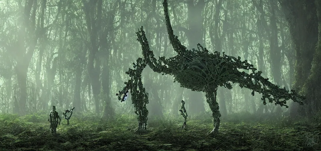 Image similar to a complex organic fractal 3 d metallic symbiotic ceramic humanoid megastructure creature in a swampy lush forest, foggy, sun rays, bubbles, cinematic shot, photo still from movie by denis villeneuve, wayne barlowe