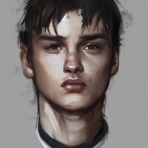Prompt: Portrait of a man by Greg Rutkowski, he is about 20 years old, west slav features, short blonde hair with bangs, attractive, smart looking, slim, somewhat androgenic, he is wearing a white and black utilitarian jumpsuit, highly detailed portrait, scifi, digital painting, artstation, concept art, smooth, sharp foccus ilustration, Artstation HQ