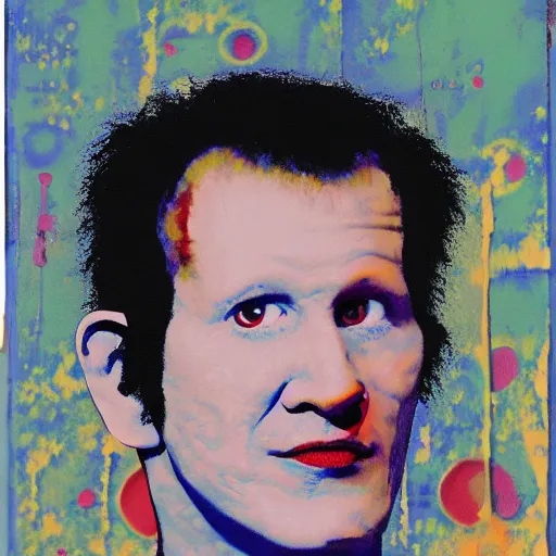 Prompt: chris morris, portrait, mixed media, by tadanori yokoo