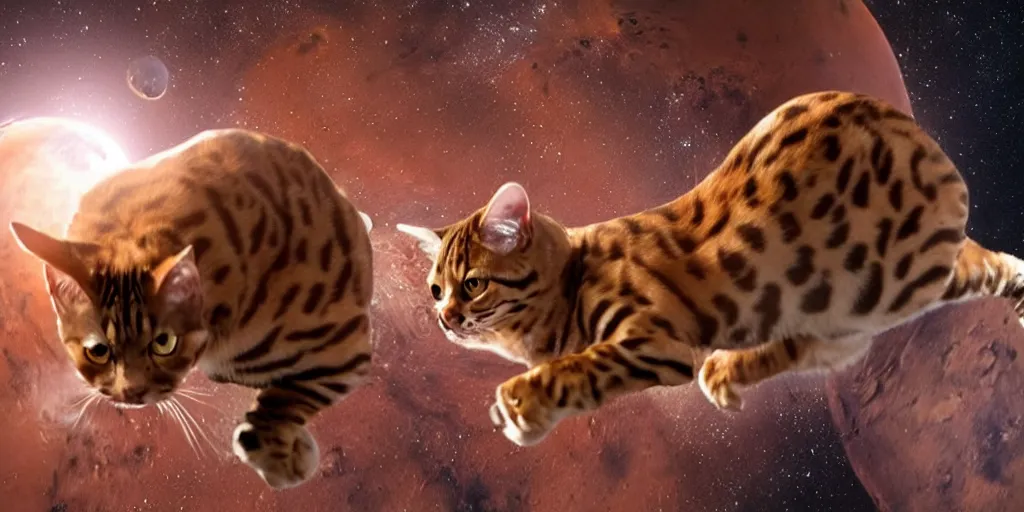 Image similar to bengal cat flying open space in space suit to the mars, cinematic, ultra realistic