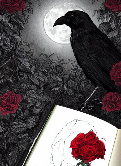 Image similar to portrait, A crow with red eyes in front of the full big moon, book cover, red roses, red white black colors, establishing shot, extremly high detail, foto realistic, cinematic lighting, pen and ink, intricate line drawings, by Yoshitaka Amano, Ruan Jia, Kentaro Miura, Artgerm, post processed, concept art, artstation, matte painting, style by eddie mendoza, raphael lacoste, alex ross