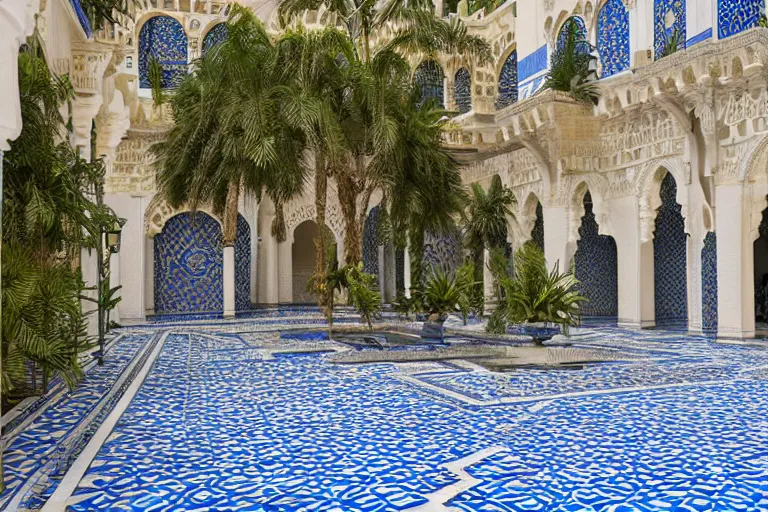 Image similar to beautiful moorish palace courtyard garden, by ludwig deutsch, patterned blue tilework, palm trees, tiled fountains, extremely detailed, dramatic lighting, smooth sharp focus