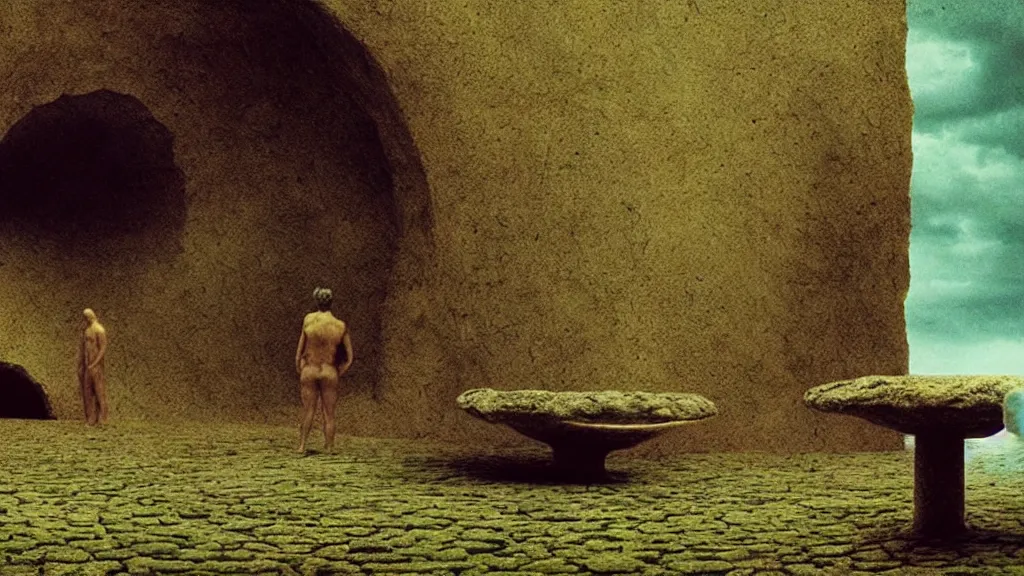 Image similar to i lost my keys at the fountain of youth, film still from the movie directed by denis villeneuve and david cronenberg with art direction by salvador dali and zdzisław beksinski, wide lens